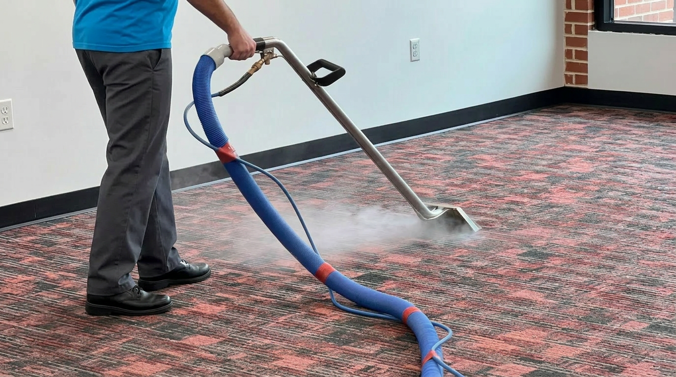 Technician using a hot-water extraction wand on commercial carpet in Sioux Falls