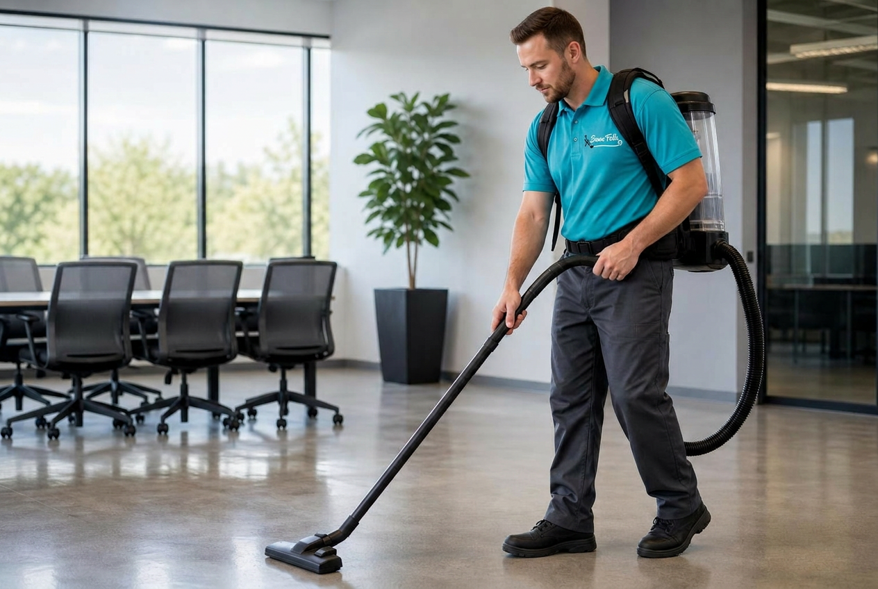 Two cleaning technicians in turquoise branded polos detailing a modern Sioux Falls office