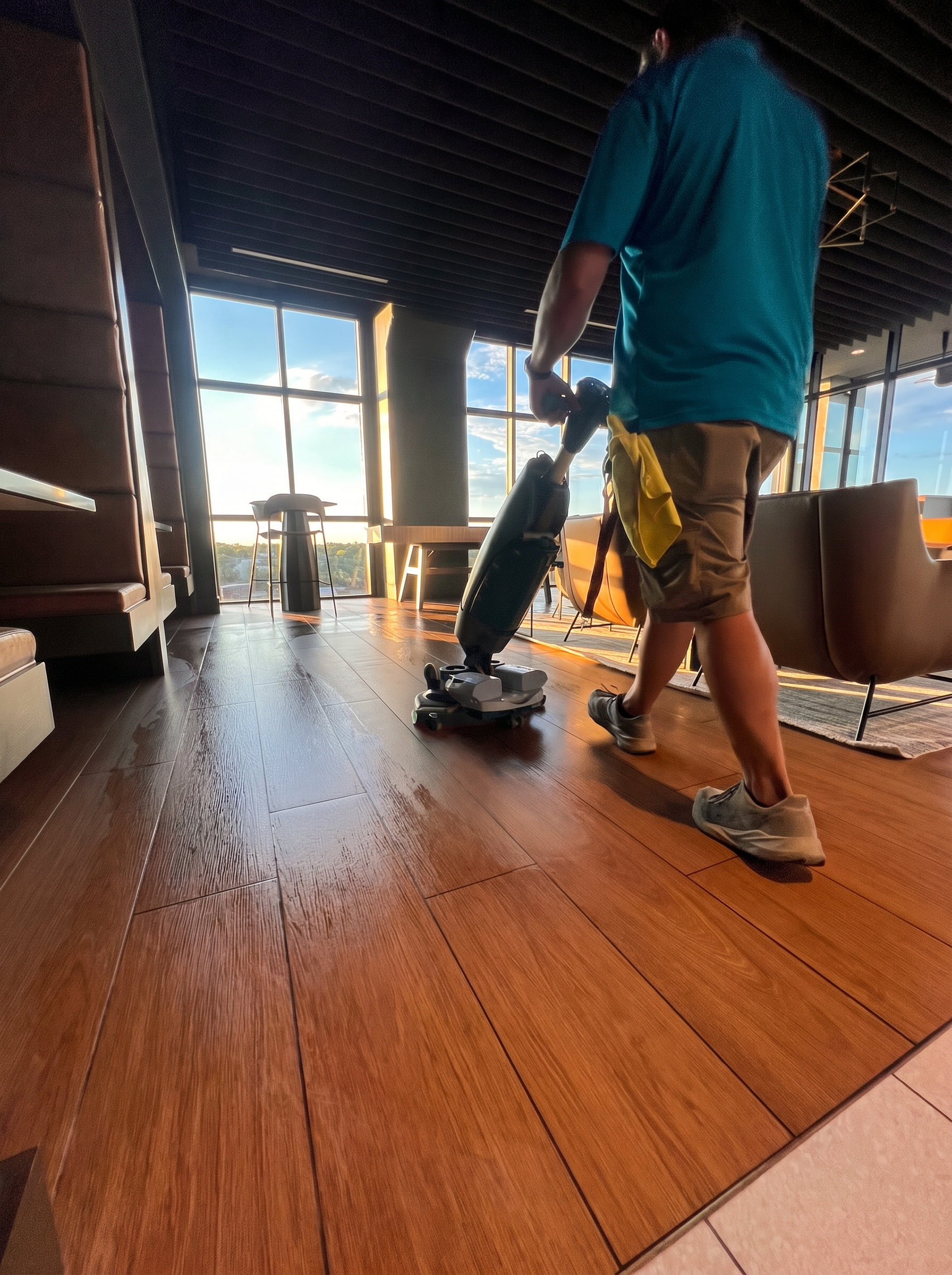 Sioux Falls Commercial Cleaning technician scrubbing hardwood floors in an upscale lounge at sunset