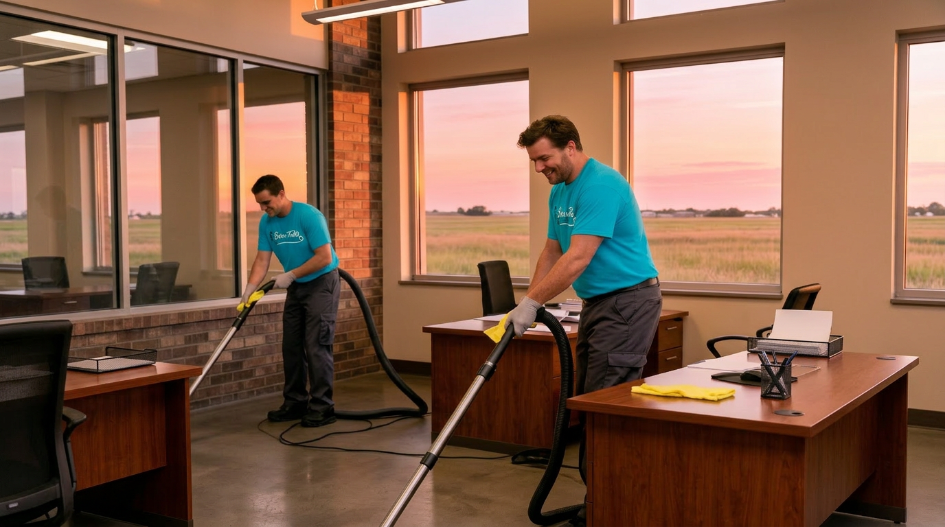 Two Sioux Falls Commercial Cleaning technicians in turquoise branded shirts vacuuming a modern office at sunset