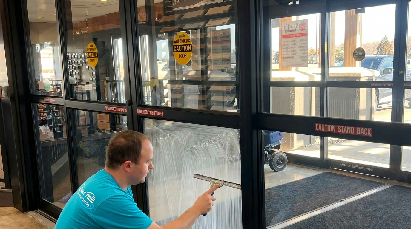 Technician cleaning storefront glass doors inside a Sioux Falls retail space
